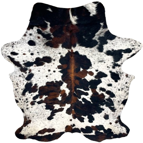 Colombian Speckled Tricolor Cowhide: white with black speckles and spots, and large and small spots that have a mix of black and brown - 7'3" x 5'4" (COTR1436)