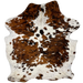 Colombian Tricolor Cowhide: white with black and brown speckles, and large and small spots with a brown and black, brindle pattern - 6'7" x 5'4" (COTR1440)