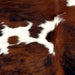 Closeup of this Colombian Tricolor Cowhide, showing white with large and small spots that have a reddish brown and black, brindle pattern (COTR1443)