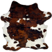 Colombian Tricolor Cowhide: has a reddish brown and black, brindle pattern, and larger and small, white spots with black speckles - 6'4" x 5'1" (COTR1458)