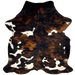 Colombian Tricolor Cowhide: has a black and golden brown, brindle pattern, and large and small white spots with black speckles - 6' x 4'10" (COTR1459)