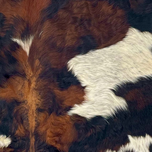 Closeup of this Colombian Tricolor Cowhide, showing a mix of black and reddish brown and off-white spots that have black speckles and small spots (COTR1466)