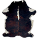 Large Colombian Dark Tricolor Cowhide: has a black and reddish brown, brindle pattern, white down part of the spine and shanks, and on the belly - 7'9" x 5'6" (COTR1469)