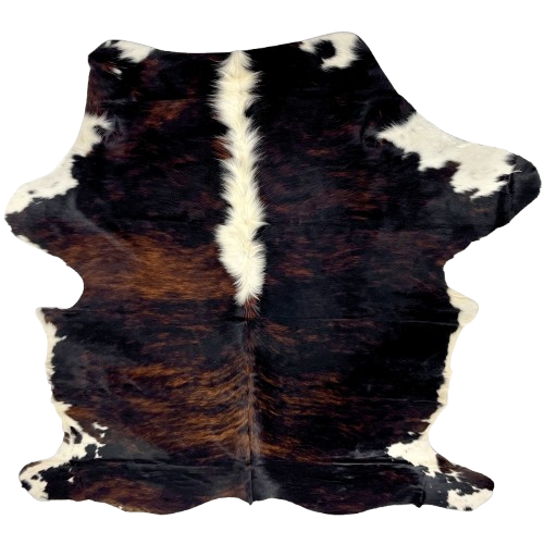 Large Colombian Dark Tricolor Cowhide: black with reddish brown, brindle markings, and white, longer hair down the middle of the shoulder, and white on part of the belly and shanks) - 7'8" x 5'9" (COTR1472)