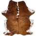 Large Colombian Tricolor Cowhide: has a brown and black, brindle pattern, white spots down the middle of the shoulder, and white with brown speckles and spots on the belly and shanks - 7'11" x 5'6" (COTR1473)