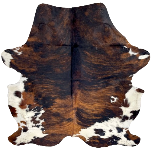 Large Colombian Tricolor Cowhide: has a black and brown, brindle pattern, and white with brown and black spots on the belly and shanks) - 7'5" x 6' (COTR1476)