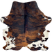 Large Colombian Tricolor Cowhide: has a black and brown, brindle pattern, and white with brown and black spots on the belly and shanks) - 7'5" x 6' (COTR1476)