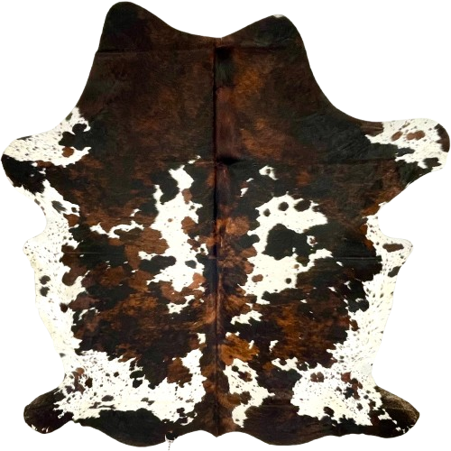 Large Tricolor Speckled Colombian Cowhide: white with brown and black speckles, and large and small spots that have a mix of black and reddish brown - 7'9" x 6' (COTR1479)