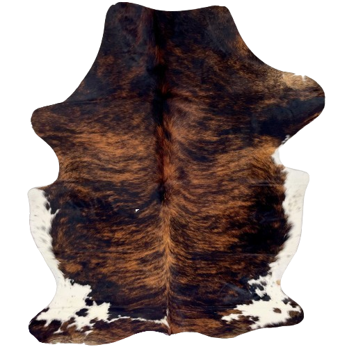 Tricolor Colombian Cowhide: has a black and brown, brindle markings, and white on the belly and part of the butt and shanks - 7'2" x 5' (COTR1481)
