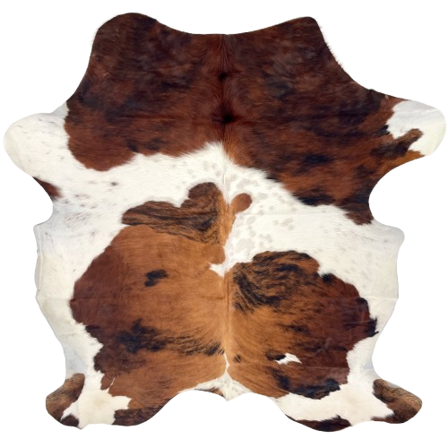 Colombian Tricolor Cowhide: white with large spots that have a red brown and black, brindle pattern, and faint black and reddish brown speckles - 6'2" x 5' (COTR1491)