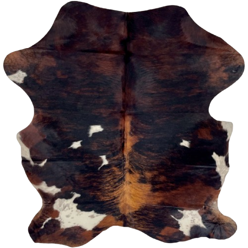 Colombian Dark Tricolor Cowhide: has a mix of black and reddish brown, and a few white spots with black speckles - 6'4" x 4'10" (COTR1495)
