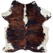 Colombian Tricolor Cowhide: has a mix of black and reddish brown, white ,longer hair down part of the spine, and white on the belly and part of the shanks and butt - 6'2" x 5' (COTR1496)