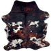 Colombian Tricolor Cowhide: has long hair that is a mix of black and red brown, and white spots that have black and brown spots - 6'1" x 4'10" (COTR1497)
