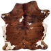 Colombian Tricolor Cowhide: red brown with black, brindle markings, a few small, white spots, and white with red brown speckles on the belly and part of the shanks - 6'4" x 5' (COTR1500)