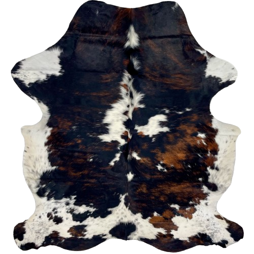 Colombian Tricolor Cowhide: has a mix of black and reddish brown, and white spots with black speckles - 6'9" x 5'2" (COTR1506)