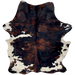 Colombian Tricolor Cowhide: has a mix of black and reddish brown, some small and large, white spots with black speckles, and white with black speckles on the belly - 7'2" x 5'3" (COTR1513)