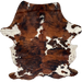 XL Colombian Tricolor Cowhide: has a reddish brown and black, brindle pattern, and large and small, white spots, some with black and brown speckles - 8'1" x 5'8" 