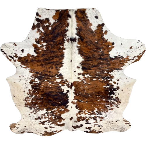 Large Colombian Speckled Tricolor Cowhide: white and off-white with black and brown speckles, and large and small spots that have a reddish brown and black, brindle pattern - 7'11" x 5'11" (COTR1534)