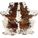 Large Colombian Speckled Tricolor Cowhide: white and off-white with black and brown speckles, and large and small spots that have a reddish brown and black, brindle pattern - 7'11" x 5'11" (COTR1534)