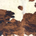 Closeup of this Large Colombian Tricolor Cowhide, showing off-white with large and small spots that have a mix of brown and black (COTR1538)
