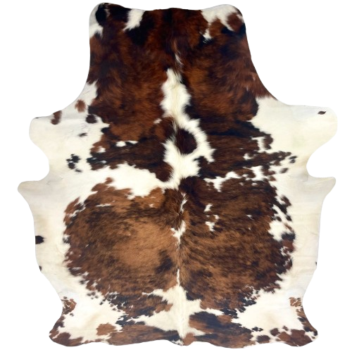 Large Colombian Tricolor Cowhide: off-white with large and small spots with a mix of medium brown, reddish brown, and black, and long hair down the spine - 7'11" x 5'9" (COTR1539)