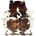 Large Colombian Tricolor Cowhide: off-white with large and small spots with a mix of medium brown, reddish brown, and black, and long hair down the spine - 7'11" x 5'9" (COTR1539)