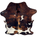 Colombian Tricolor Cowhide: has a mix of reddish brown and black, a few small, white spots, large, white spots with black speckles, and long hair down the middle of the shoulder - 6'11" x 5'1" (COTR1540)