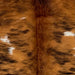 Closeup of this Colombian Tricolor Cowhide, showing a reddish brown and black, brindle pattern with a few small, white spots, and longer hair down the spine (COTR1549)