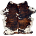 Colombian Tricolor Cowhide: has a black and reddish brown, brindle pattern, a few white spots in the middle of the shoulder, white with black and brown speckldes on the belly, shanks, and butt, and long hair down the spine - 7'1" x 5'6" (COTR1554)