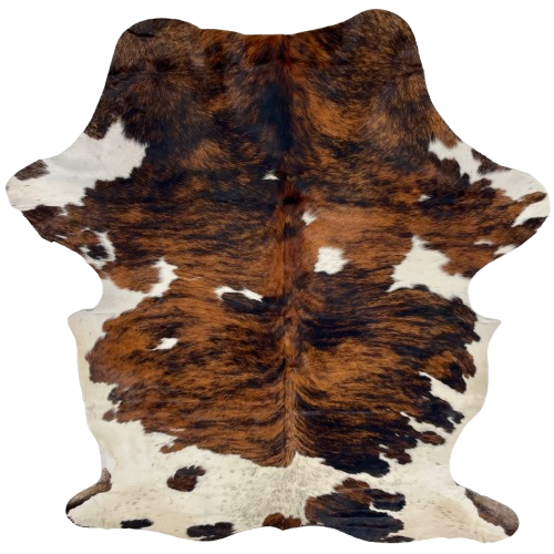 Colombian Tricolor Cowhide: white, and off-white with black speckles, and small and large spots that have a black and reddish brown, brindle pattern - 7'2" x 4'10" (COTR1556)