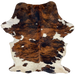 Colombian Tricolor Cowhide: white, and off-white with black speckles, and small and large spots that have a black and reddish brown, brindle pattern - 7'2" x 4'10" (COTR1556)