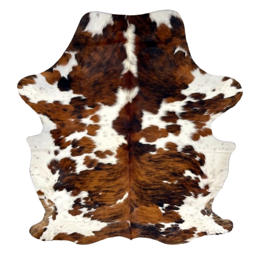 Colombian Tricolor Cowhide: white with black speckles, and large and small spots that have a reddish brown and black, brindle pattern - 7'5" x 5'6" (COTR1557)