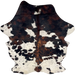 Colombian Cloudy Speckled Tricolor Cowhide: white with cloudy, black speckles, and large and small spots that have a black and brown, brindle pattern - 7'2" x 5'2" (COTR1559)
