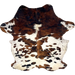 Colombian Speckled Tricolor Cowhide: has long hair that is white with black and brown speckles, large and small small spots with a mixture of reddish brown and black, and off-white on the butt - 7'3" x 5'1" (COTR1560)