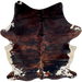 Large Colombian Tricolor Cowhide: has a black and reddish brown, brindle pattern, with a few small white spots down the spine and on the butt, and white and off-white with black and brown speckles and spots on the belly and shanks - 7'7" x 5'7" (COTR1561)