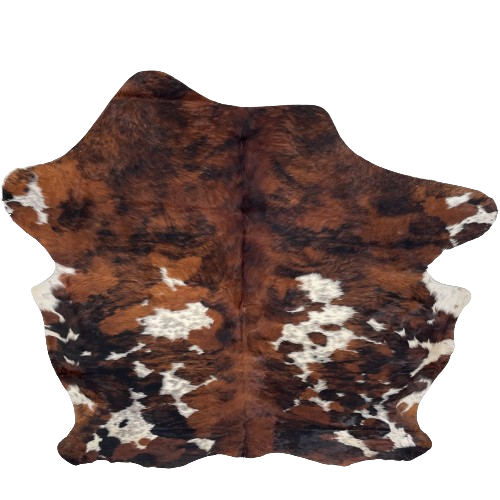 Large Colombian Tricolor Cowhide: has a mix of reddish brown and black, and white spots with black speckles - 7'7" x 6'3" (COTR1564)