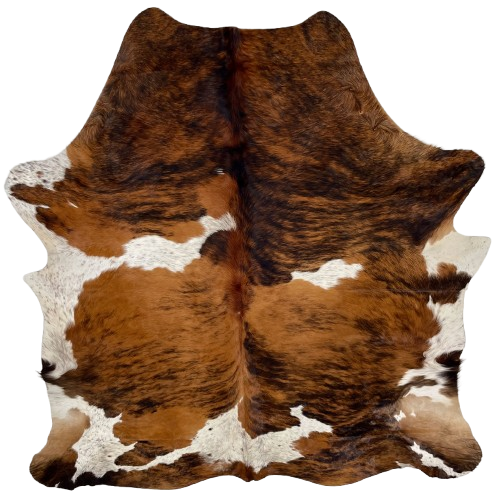 Colombian Tricolor Cowhide: has a golden brown and black, brindle pattern, and white spots with black and brown speckles - 6'9" x 5'5" (COTR1576)