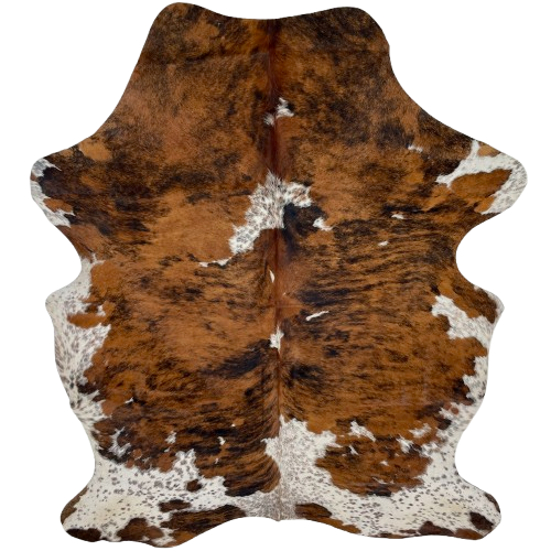 Colombian Tricolor Cowhide: has a reddish brown and black brindle pattern, and white spots with black speckles - 6'9" x 4'10" (COTR1578)