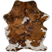 Colombian Tricolor Cowhide: has a reddish brown and black brindle pattern, and white spots with black speckles - 6'9" x 4'10" (COTR1578)