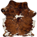 Colombian Tricolor Cowhide: has a reddish brown and black, brindle pattern, and small and large, white spots - 6'10" x 5'4" (COTR1583)