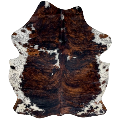 Colombian Tricolor Cowhide: has a red brown and black, brindle pattern and white spots that have black and brown speckles and spots - 6'9" x 5'2" (COTR1594)