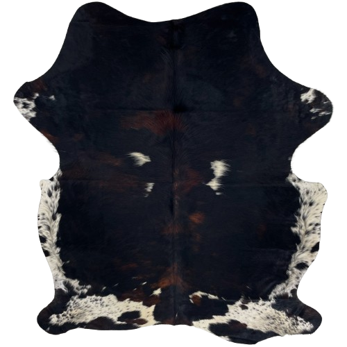 Colombian Dark Tricolor Cowhide: black with some dark, reddish brown spots, a few small, white spots on the back, and white with black speckles on the belly, butt, and shanks - 6'9" x 5'2" (COTR1601)