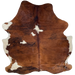 Colombian Tricolor Cowhide: mostly reddish brown, with a few black, brindle markings, three white spots on the back, and off-white on the belly and part of the shanks - 6'11" x 5'10" (COTR1606)