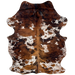 Colombian Speckled Tricolor Cowhide: white with brown and black speckles and spots, large and small spots that have a brown and black, brindle pattern, and longer hair on part of the spine and belly - 6'8" x 4'10" (COTR1610)