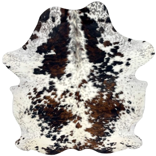 Large Cloudy Speckled Tricolor Colombian Cowhide: white with black, cloudy speckles, and large and small spots with a mix of black and brown - 7'6" x 5'9" (COTR1619)