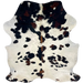 Colombian Tricolor Cowhide: ivory with faint, cloudy speckles, large and small black and brown spots, and longer hair down part of the spine - 7'2" x 5'7" (COTR1621)