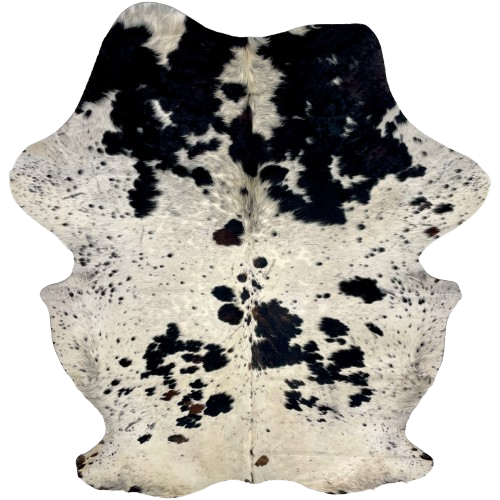 Large Colombian Speckled Tricolor Cowhide: off-white with black speckles and black and dark brown spots - 7'8" x 5'5" (COTR1622)