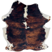 Colombian Tricolor Cowhide: has a reddish brown and black, brindle pattern, white, long hair down part of the spine, and white on the belly and shanks - 7'3" x 5'8" (COTR1630)