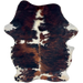 Colombian Tricolor Cowhide: has a black and red brown, brindle pattern, with white spots, and longer hair down part of the spine - 7'4" x 4'11" (COTR1631)