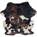 Colombian Tricolor Cowhide: has a black and brown, brindle pattern, white spots with faint, black speckles, long hair down the middle of the shoulder and on the belly, and off-white on the belly and hind shanks - 7' x 5'8" (COTR1635)